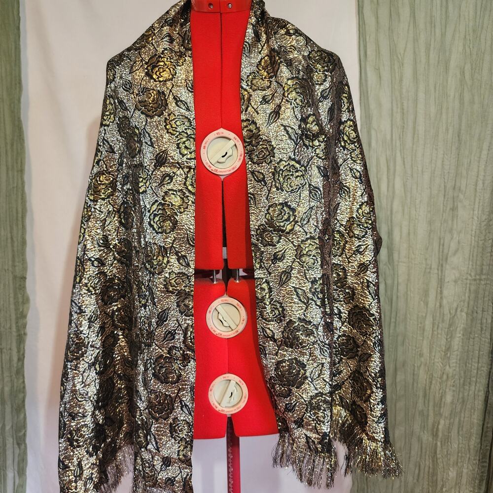 Inga-go Boutique Black and Gold Metallic Floral Scarf Wrap Size 19 x 70 - Picture 2 of 7